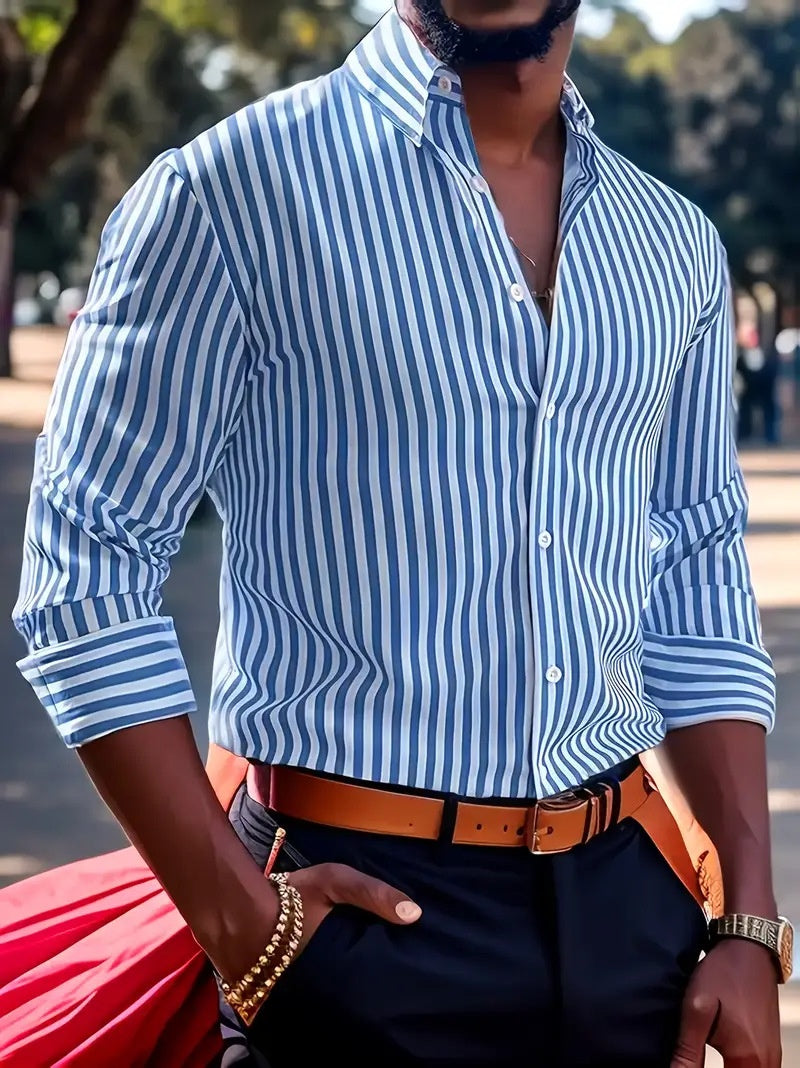 Ins Stripe Printed Long Sleeve Shirt Men Fashion Casual Lapel Button Top Clothing